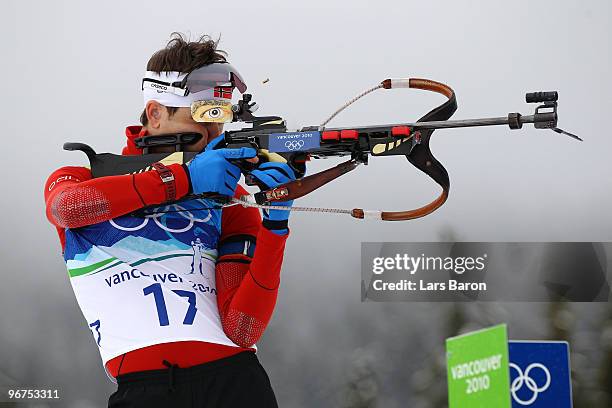 Ole Einar Bjoerndalen of Norway competes in the men's biathlon 12.5 km pursuit on day 5 of the 2010 Vancouver Winter Olympics at Whistler Olympic...