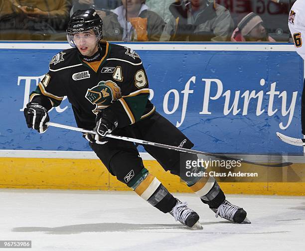 Nazem Kadri of the London Knights skates in a game against the Owen Sound Attack on February 12, 2010 at the John Labatt Centre in London, Ontario....
