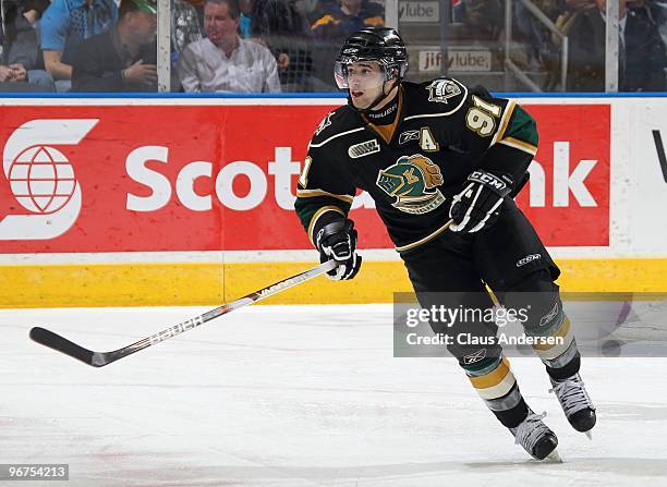 Nazem Kadri of the London Knights in a game against the Owen Sound Attack on February 12, 2010 at the John Labatt Centre in London, Ontario. The...