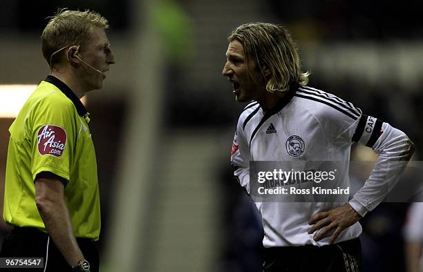 Robbie Savage of Derby makes his point to the assistant referee during the Coca Cola Championship match between Derby County and Preston North End at...