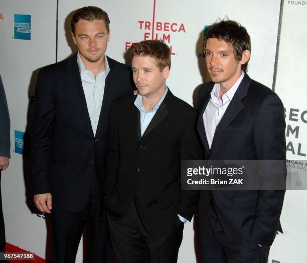 Kevin Connolly, Leonardo DiCaprio and Lukas Haas arrive to the 6th Annual Tribeca Film Festival 'Gardener of Eden' premiere held at Borough of...