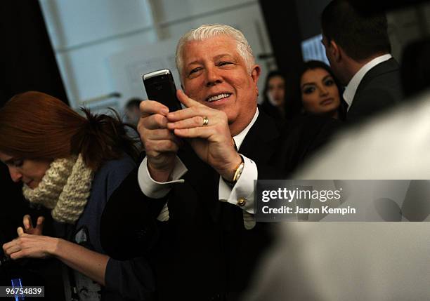 Designer Dennis Basso backstage at the Dennis Basso Fall 2010 Fashion Show during Mercedes-Benz Fashion Week at The Promenade at Bryant Park on...