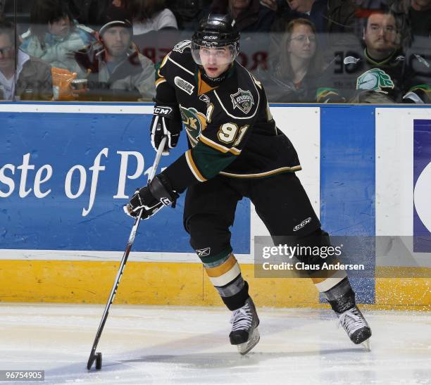 Nazem Kadri of the London Knights controls the puck in a game against the Owen Sound Attack on February 12, 2010 at the John Labatt Centre in London,...