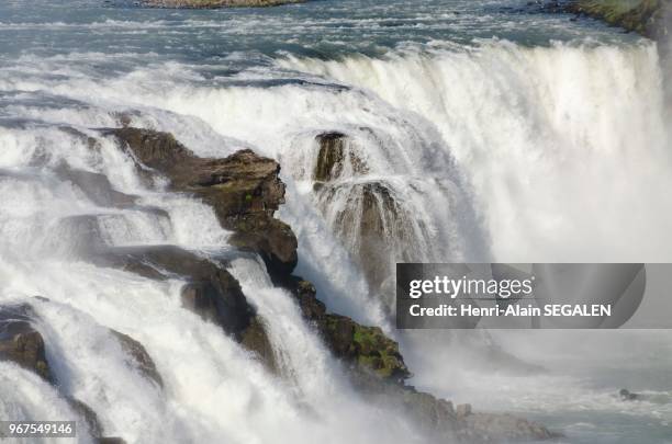 Rocher en forme de visage à Gulfoss, sur l'une des chutes d?eau, rivière Hvita, dans la région du Sudurland en Islande.