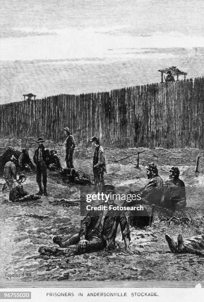 Engraving with the caption 'Prisoners in Andersonville Stockade', depicting prisoners at the Andersonville Civil War Prison Camp, also known as Camp...