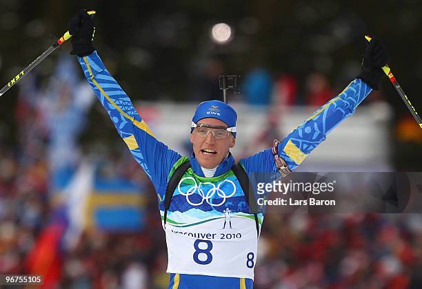 Bjorn Ferry of Sweden celebrates after winning the gold medal in the Men's 12.5km Pursuit on day 5 of the 2010 Vancouver Winter Olympics at Whistler...