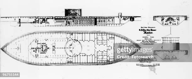 Monitor, general plan published in 1862, showing the ship's inboard profile, plan view below the upper deck and hull cross sections through the...