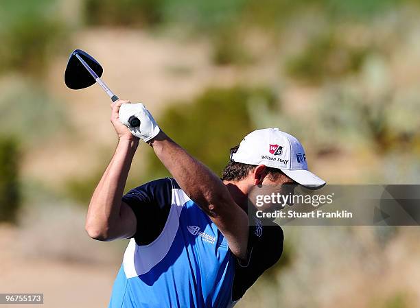 Padraig Harrington of Ireland tees off during the second practice round prior to the start of the Accenture Match Play Championship at the...