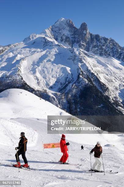 Haute-Savoie vallee de Chamonix, domaine skiable Brevent Flegere, panorama sur l'aiguille Verte et du Dru et le domaine skiable des Grands Montets...