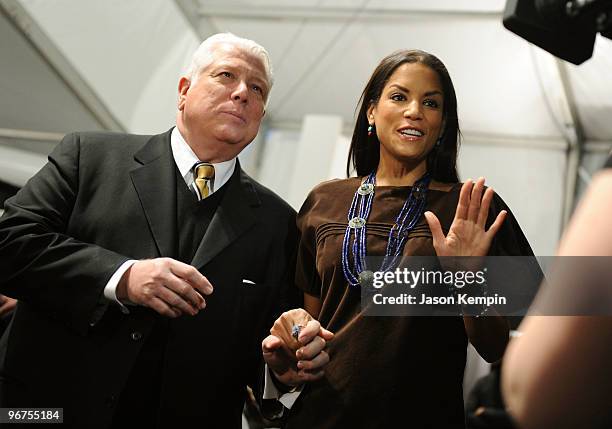 Designer Dennis Basso and model Veronica Webb backstage at the Dennis Basso Fall 2010 Fashion Show during Mercedes-Benz Fashion Week at The Promenade...