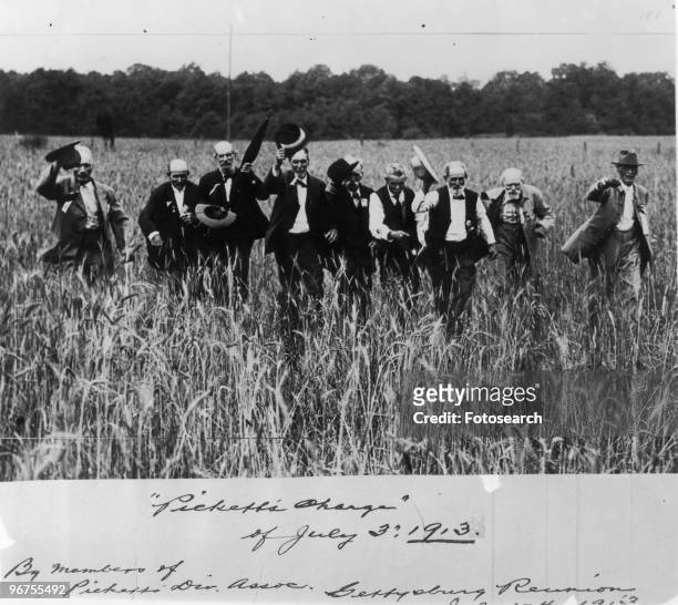 View of a re-enactment of Pickett's Charge, marking the 50th anniversary of the infantry assault at the Battle of Gettysburg, Gettysburg,...