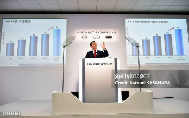 Carlos Ghosn, président-directeur général de Nissan Motor Co. , lors d'une conférence de presse concernant les résultats financiers de l'entreprise...