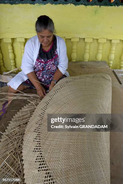 FRENCH POLYNESIA, AUSTRALES ARCHIPELAGO, RURUTU ISLAND, VILLAGE OF MOERAI,HOUSE OF MRS TITAINA ,70 YEARS, MAKING "PEUE" CARPETS IN PANDANUS LEAVES...