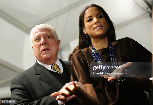Designer Dennis Basso and model Veronica Webb backstage at the Dennis Basso Fall 2010 Fashion Show during Mercedes-Benz Fashion Week at The Promenade...
