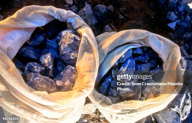 Lapis Lazuli stones have been collected in sacks in the Flores de Los Andes mine, located at 3,700 meter high in the Andes, on April 1 near Ovalle,...