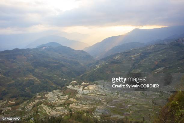 Chine, province du Yunnan, ethnie des Hani, Yuanyang, coucher de soleil a Laohuzui, rizieres en terrasses. China, Yunnan province, Hani people,...