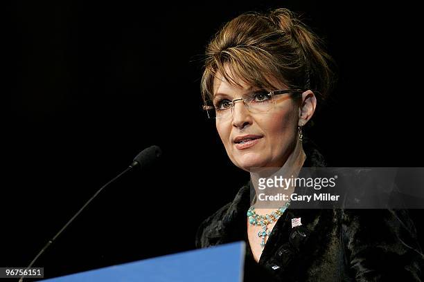 Former Alaska Governor Sarah Palin at a rally for Rick Perry's re-election at the Berry Center on February 7, 2010 in Cypress, Texas.