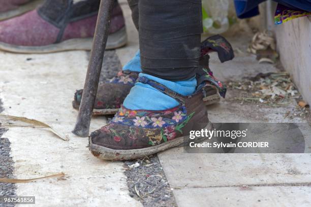 Chine, province du Yunnan, village de Niujie, ethnie des Hans, marche, vieille femme aux petits pieds. China, Yunnan province, Niujie village, Hans...