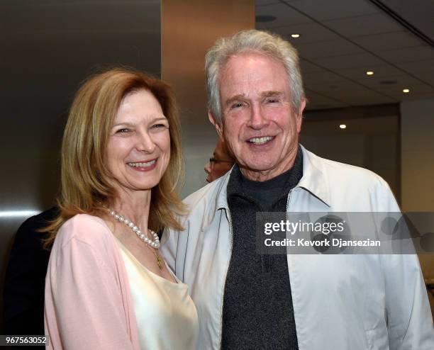 Dawn Hudson, CEO of the Academy of Motion Picture Arts and Sciences, and actor Warren Beatty pose during a reception in celebration of a gift to the...