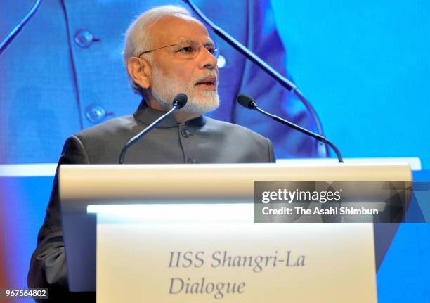 Indian Prime Minister Narendra Modi addresses the opening remarks during the Asia Security Summit, aka Shangri-La Dialogue on June 1, 2018 in...