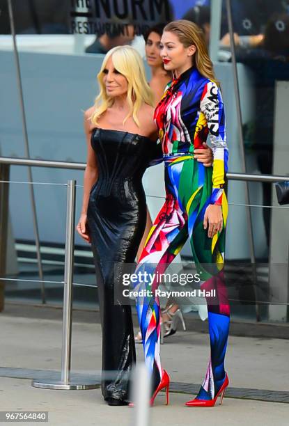 Donatella Versace and Gigi Hadid are seen in brooklyn on June 4, 2018 in New York City.