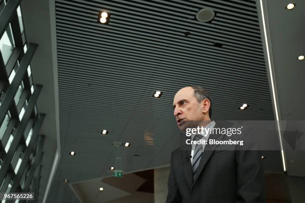 Akbar Al Baker, chief executive officer of Qatar Airways, speaks during a Bloomberg Television interview at the International Air Transport...