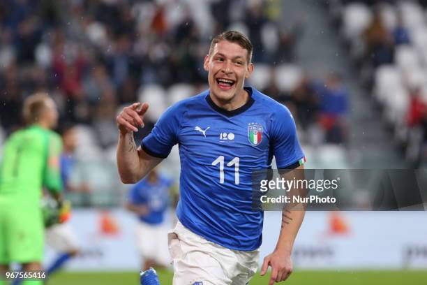Andrea Belotti celebrates after scoring a goal, subsequently canceled by the referee, during the friendly football match between Italy and Holland at...