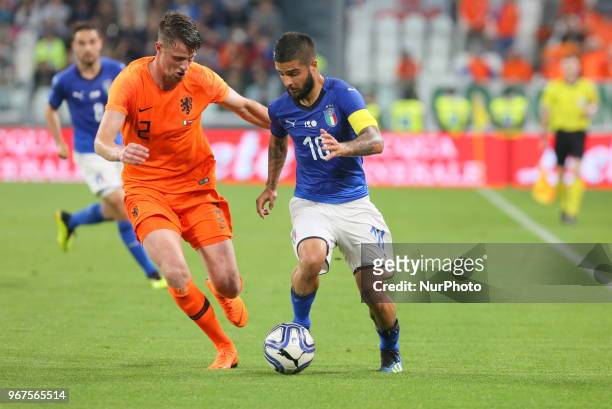 Lorenzo Insigne and Hans Hateboer competes for the ball during the friendly football match between Italy and Holland at Allianz Stadium on June 04,...