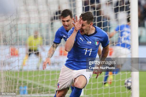 Andrea Belotti celebrates after scoring a goal, subsequently canceled by the referee, during the friendly football match between Italy and Holland at...