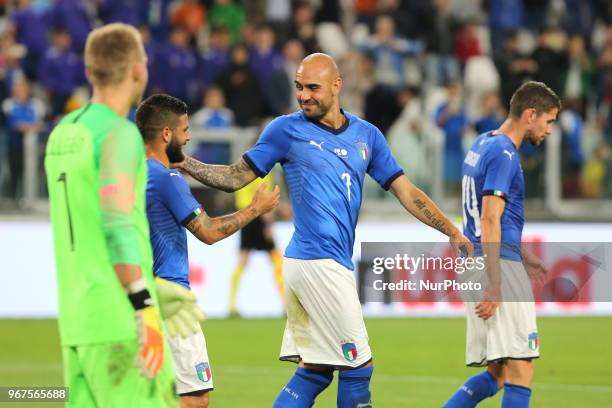Simone Zaza celebrates after scoring with Lorenzo Insigne during the friendly football match between Italy and Holland at Allianz Stadium on June 04,...