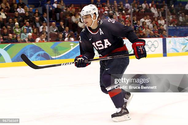 Dustin Brown of The United States in action during the ice hockey men's preliminary game between USA and Switzerland on day 5 of the Vancouver 2010...