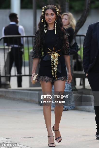 Shanina Shaik arrives for the 2018 CFDA Fashion Awards at Brooklyn Museum on June 4, 2018 in New York City.