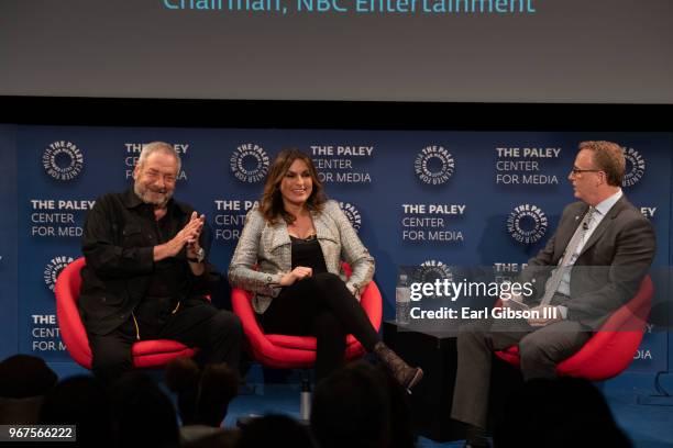 Creator/Executive Producer Dick Wolf, Executive Producer Mariska Hargitay and Moderator/Chairman NBC Entertainment Bob Greenblatt speak onstage at...