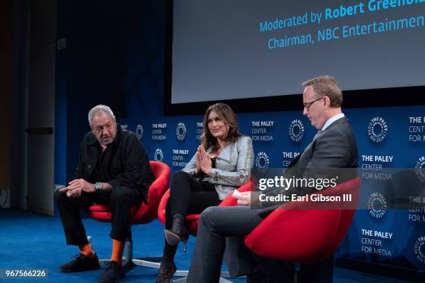 Creator/Executive Producer Dick Wolf, Executive Producer Mariska Hargitay and Moderator/Chairman NBC Entertainment Bob Greenblatt speak onstage at...