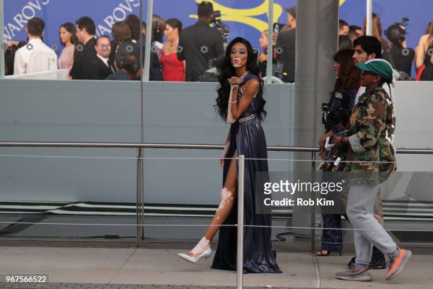 Winnie Harlow arrives for the 2018 CFDA Fashion Awards at Brooklyn Museum on June 4, 2018 in New York City.