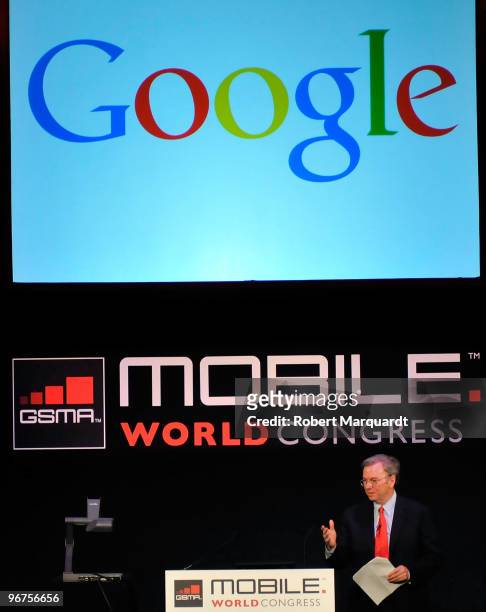 Google CEO Eric Schmidt gives a keynote speech at the Mobile World Congress on February 16, 2010 in Barcelona, Spain.