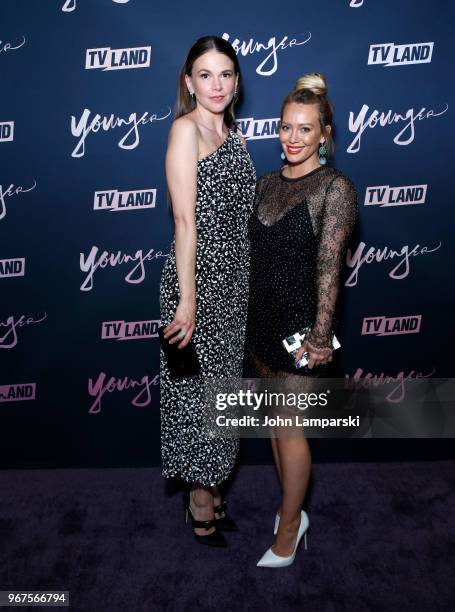 Sutton Foster and Hilary Duff attend "Younger" season 5 premiere party at Cecconi's Dumbo on June 4, 2018 in Brooklyn, New York.