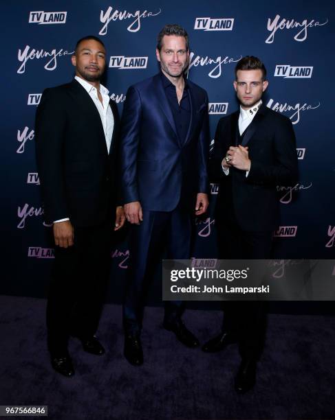 Charles Michael Davis, Peter Hermann and Nico Tortorella attend "Younger" season 5 premiere party at Cecconi's Dumbo on June 4, 2018 in Brooklyn, New...