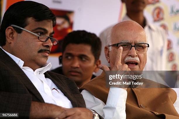 Senior BJP leader L K Advani and President Nitin Gadkari during the 42nd death anniversary of party leader Deendayal Upadhyaya in New Delhi on...