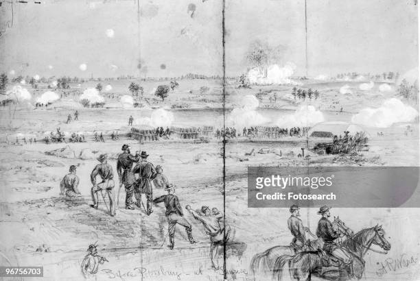 Sketch by Alfred Waud, titled 'Before Petersburg at sunrise, July 30th 1864.' Explosion of the mine under the Confederate works at Petersburg - 30...