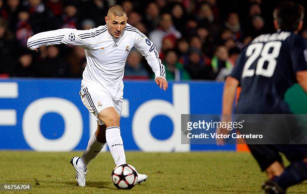 Karim Benzema of Real Madrid in action during the Champions League round of 16 first leg match between Lyon and Real Madrid, at Stade de Gerland on...