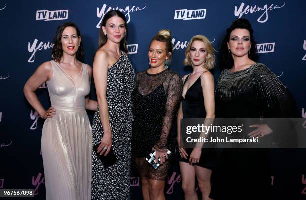 Miriam Shor, Sutton Foster, Hilary Duff, Molly Bernard and Debi Mazar attend "Younger" season 5 premiere party at Cecconi's Dumbo on June 4, 2018 in...