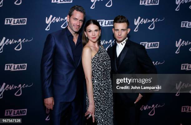 Peter Hermann, Sutton Foster and Nico Tortorella attend "Younger" season 5 premiere party at Cecconi's Dumbo on June 4, 2018 in Brooklyn, New York.