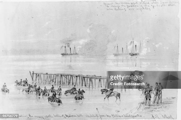 Sketch by Alfred Waud depicting the Union gunboats firing upon the Confederates during the battle of Malvern Hill, also known as the Battle of...