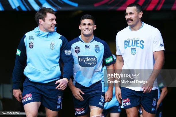Angus Crichton , Nathan Cleary and Reagan Campbell-Gillard walk out during a New South Wales Blues State of Origin Captain's Run at the Melbourne...