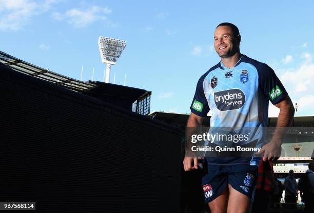 Boyd Cordner of the Blues runs off the field during a New South Wales Blues State of Origin Captain's Run at the Melbourne Cricket Ground on June 5,...