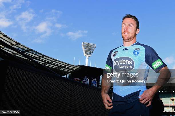 James Moloney of the Blues runs off the field during a New South Wales Blues State of Origin Captain's Run at the Melbourne Cricket Ground on June 5,...