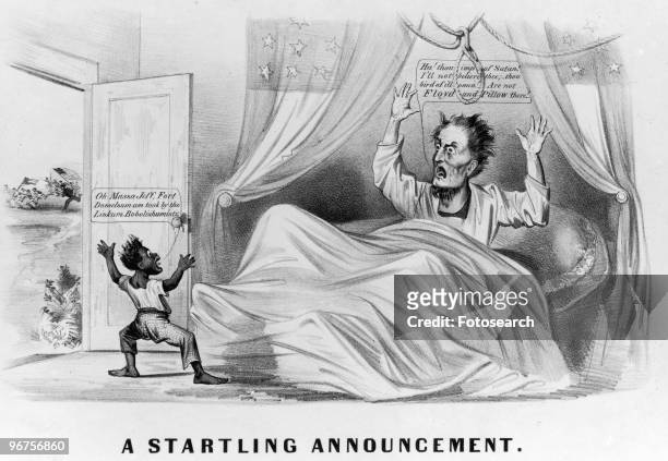 Cartoon of Jefferson Davis receiving the news of the capture of Fort Donelson, Tennesse, the caption 'A Startling Announcement.' Depciting a black...