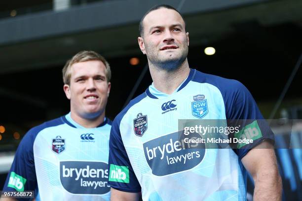 Jake Trbojevic and Boyd Cordner of the Blues walk out during a New South Wales Blues State of Origin Captain's Run at the Melbourne Cricket Ground on...