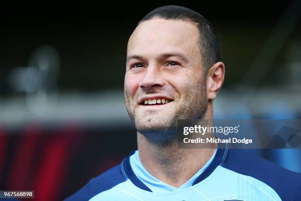 Boyd Cordner of the Blues walks out during a New South Wales Blues State of Origin Captain's Run at the Melbourne Cricket Ground on June 5, 2018 in...